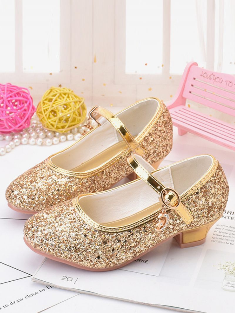 Chaussures Fille Fleur Fête Tissu À Paillettes Dorées Et Strass Pour Enfants - Or