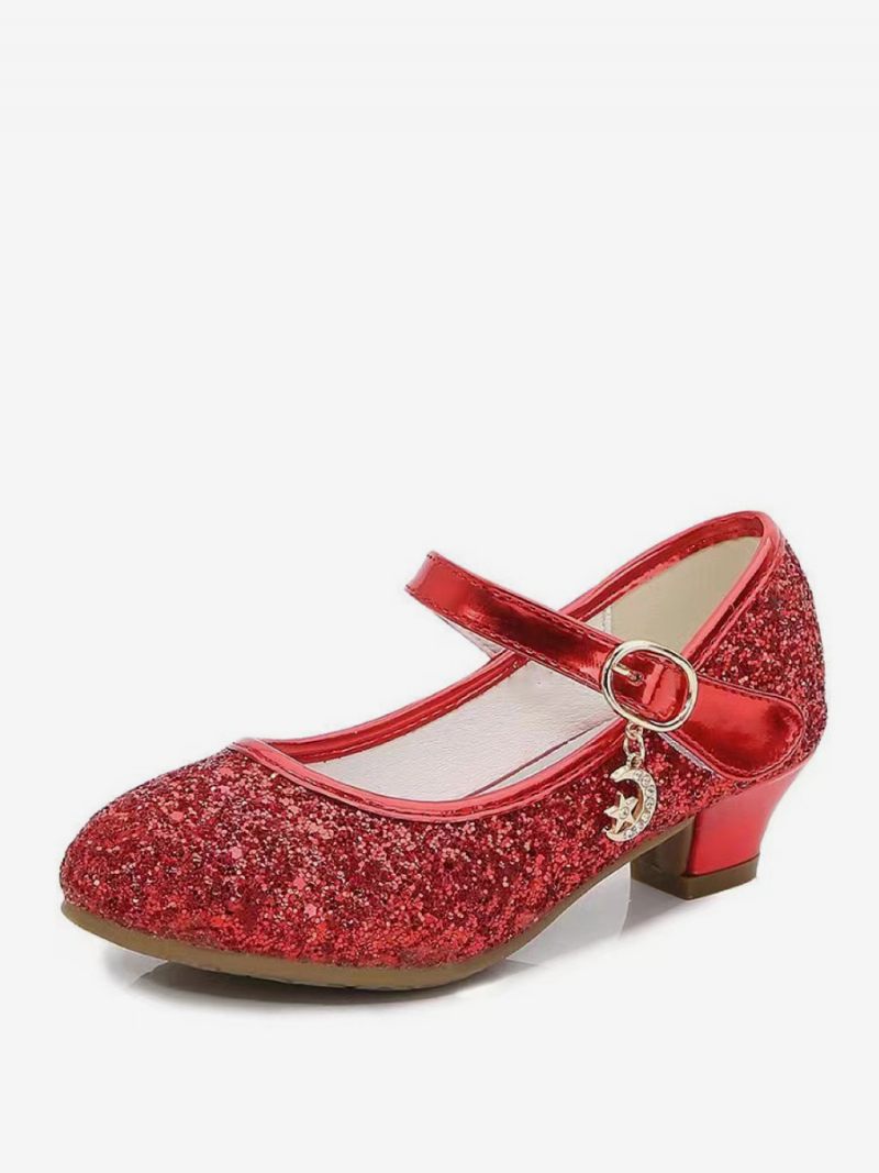 Chaussures Fille Fleur Fête Tissu À Paillettes Dorées Et Strass Pour Enfants - Rouge