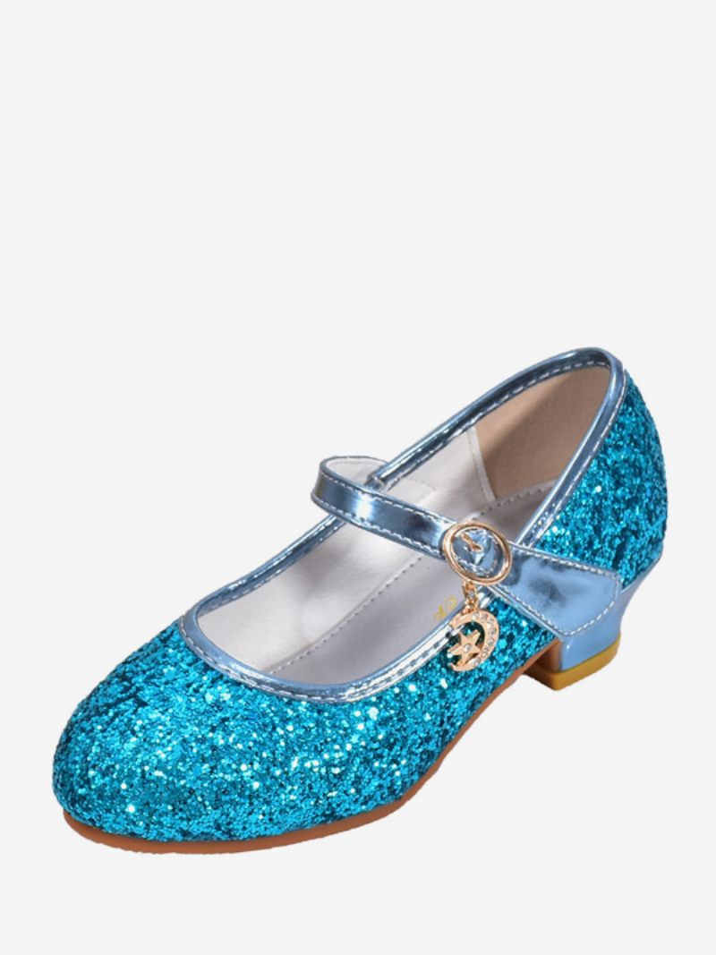 Chaussures Fille Fleur Fête Tissu À Paillettes Dorées Et Strass Pour Enfants - Bleu Ciel Clair