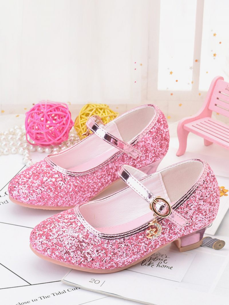 Chaussures Fille Fleur Fête Tissu À Paillettes Dorées Et Strass Pour Enfants - Rose