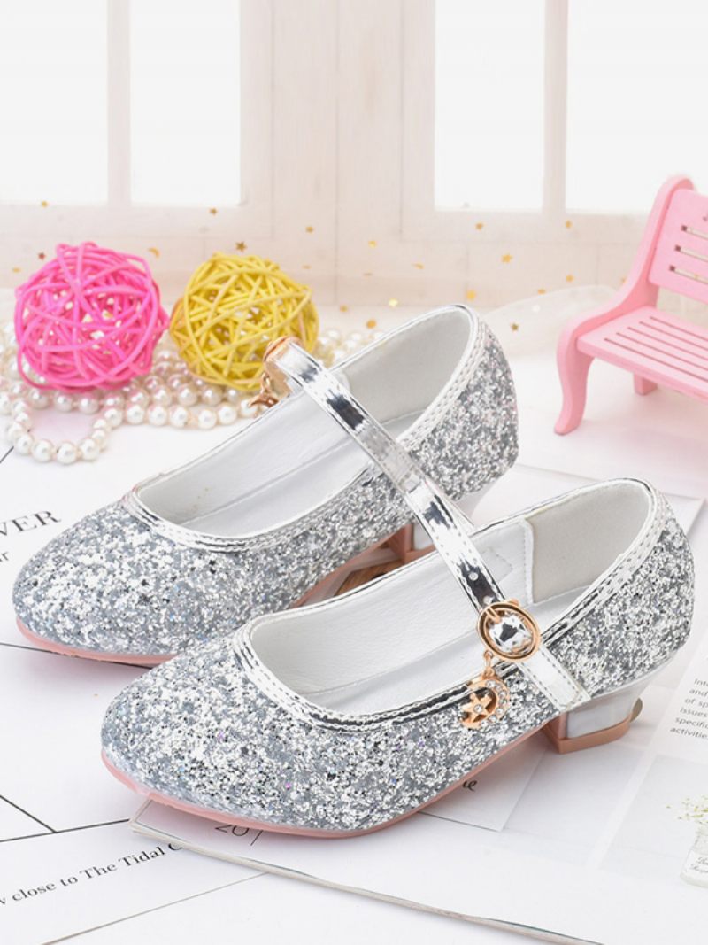 Chaussures Fille Fleur Fête Tissu À Paillettes Dorées Et Strass Pour Enfants - Argent