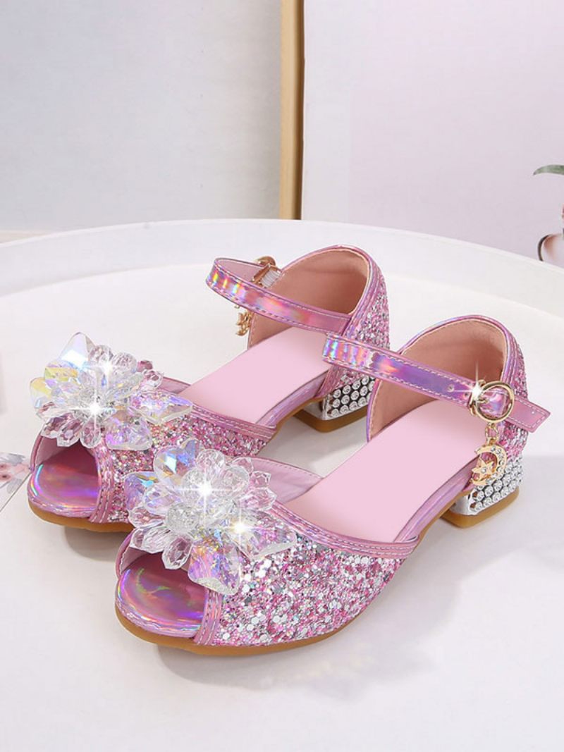 Chaussures Fille Fleur Fête Tissu À Paillettes Roses Et Strass Pour Enfants - Rose