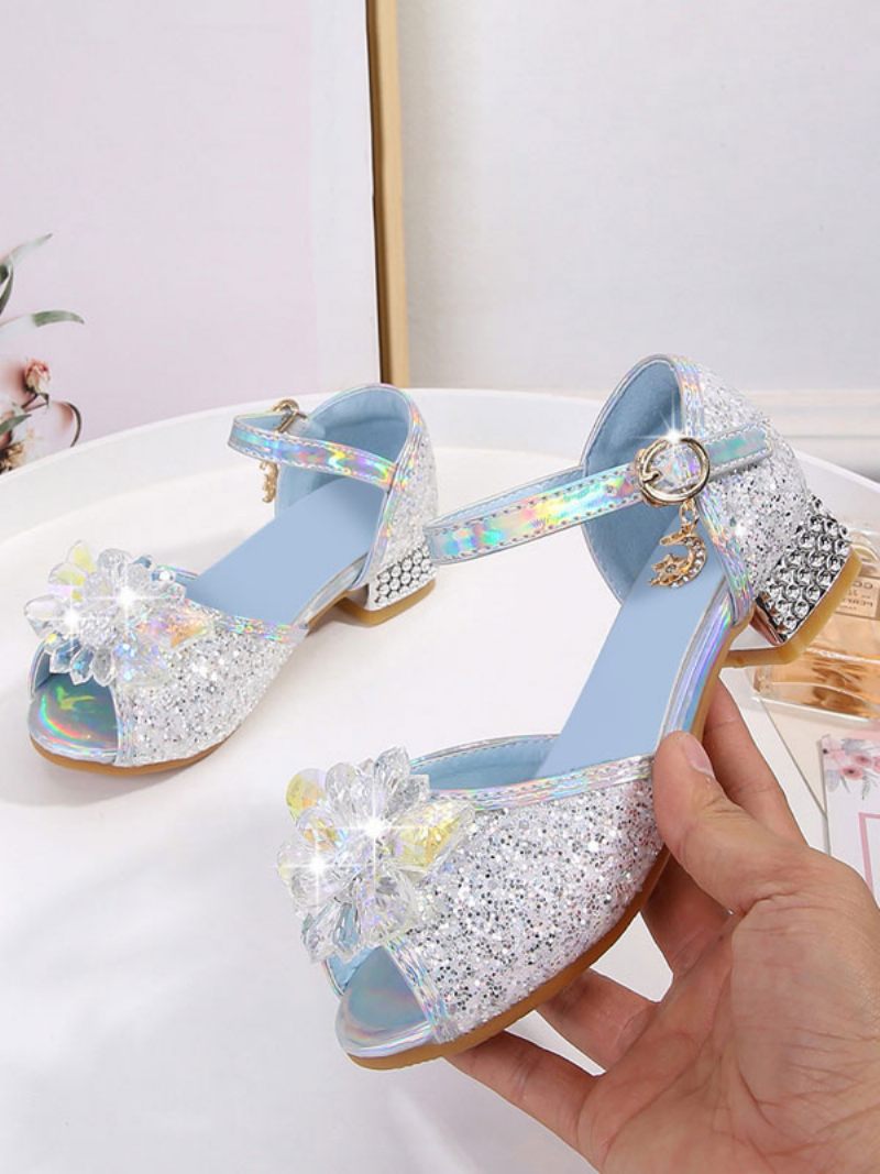 Chaussures Fille Fleur Fête Tissu À Paillettes Roses Et Strass Pour Enfants - Argent