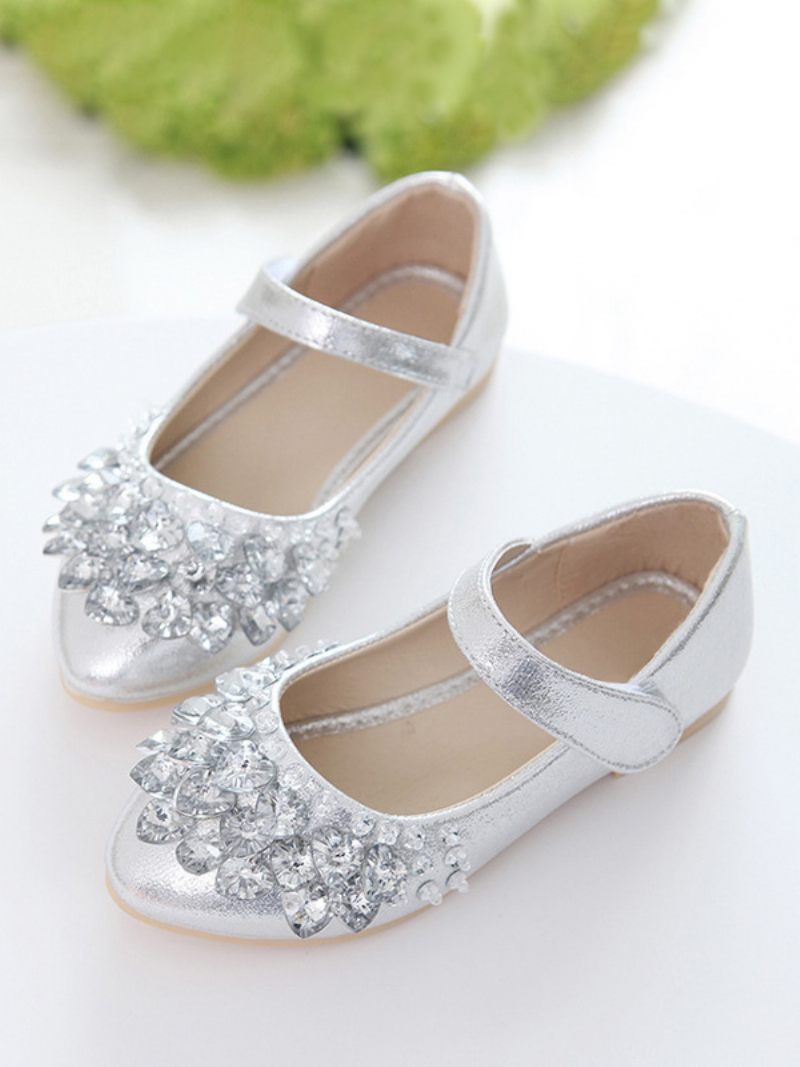 Chaussures Fille Fleur Fête Tissu À Paillettes Roses Et Strass Pour Enfants - Argent