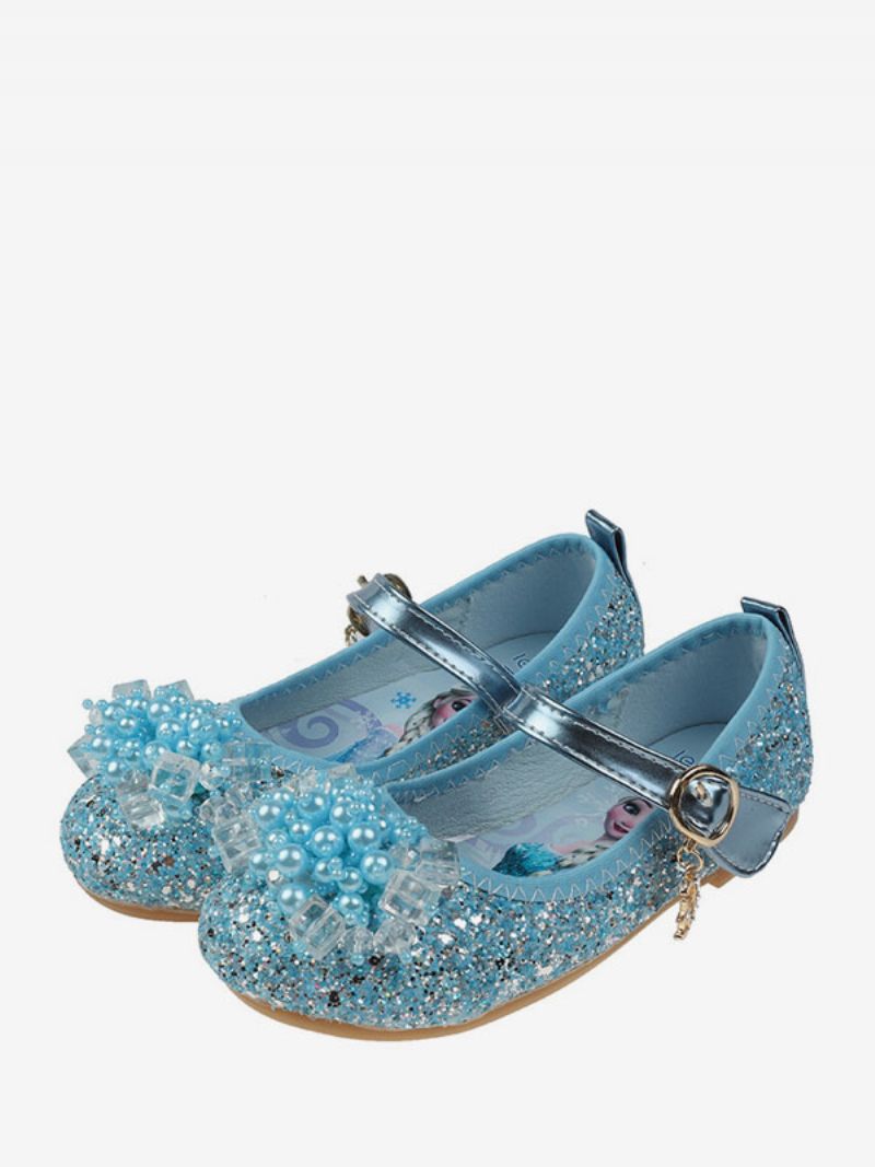 Chaussures Fille Fleur Fête Tissu À Paillettes Sarcelle Et Strass Pour Enfants