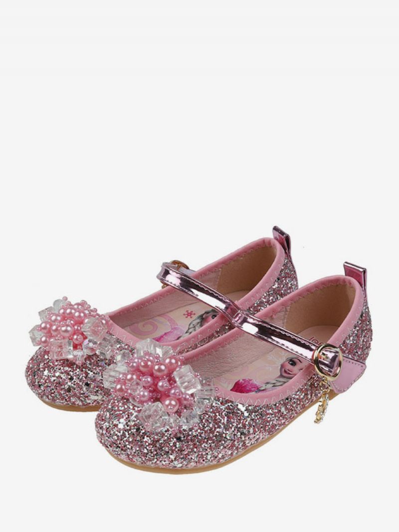 Chaussures Fille Fleur Fête Tissu À Paillettes Sarcelle Et Strass Pour Enfants - Rose