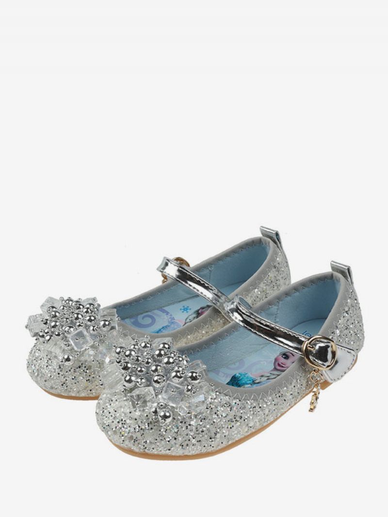 Chaussures Fille Fleur Fête Tissu À Paillettes Sarcelle Et Strass Pour Enfants - Argent