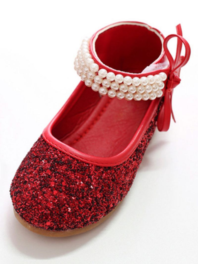 Chaussures Fille Fleur Mariage Bride Cheville Perles Bout Rond Paillettes - Rouge Foncé