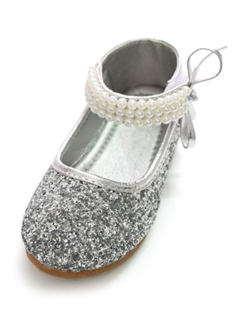 Chaussures Fille Fleur Mariage Bride Cheville Perles Bout Rond Paillettes - Argent