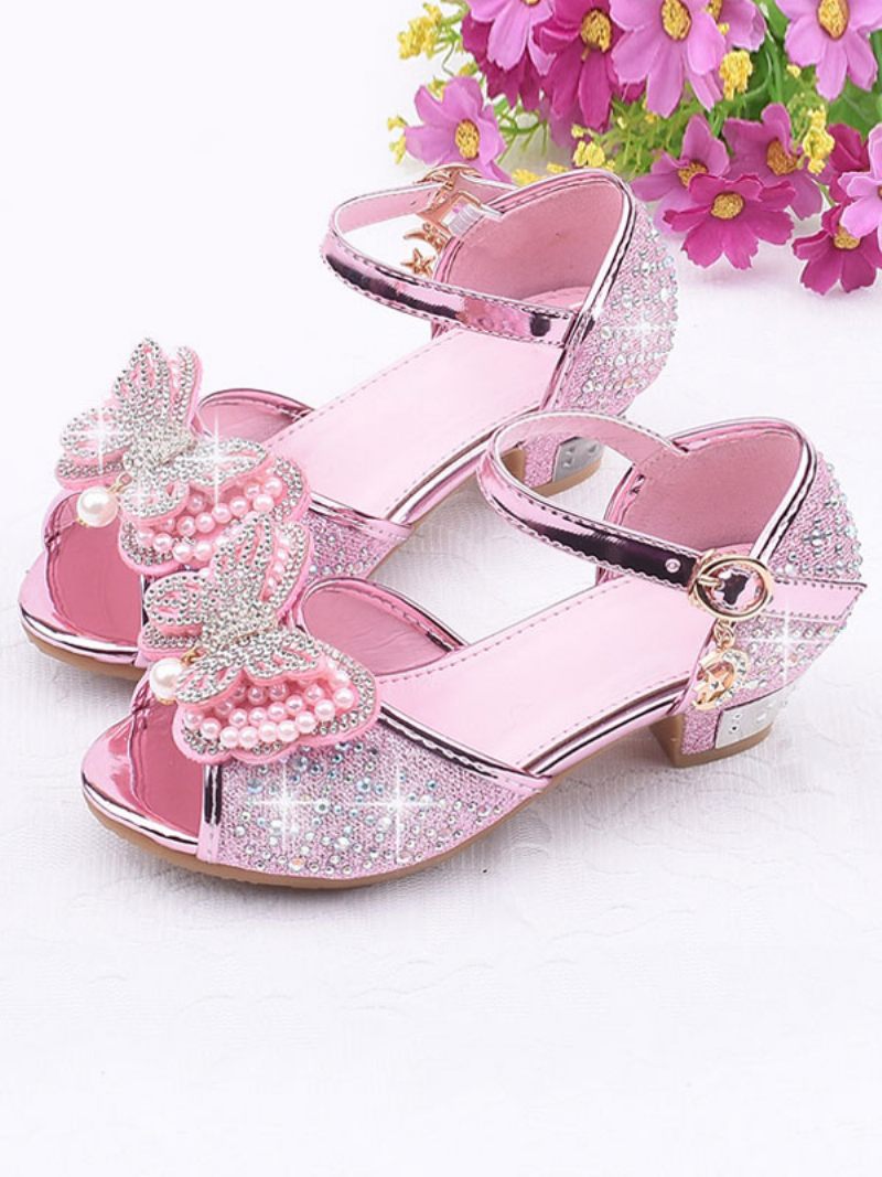 Chaussures Fille Fleur Strass Papillon Mary Jane Sandales À Talons Bas - Rose