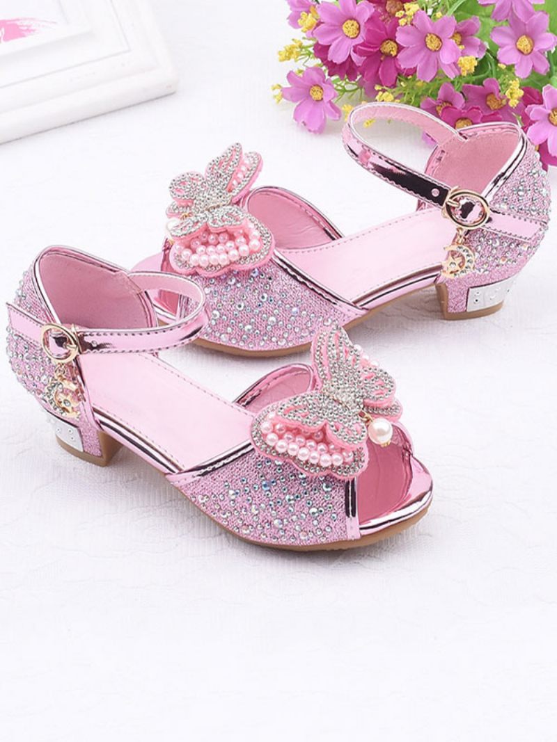 Chaussures Fille Fleur Strass Papillon Mary Jane Sandales À Talons Bas - Rose