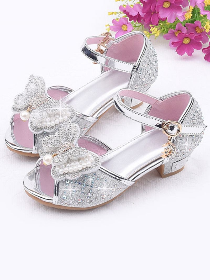 Chaussures Fille Fleur Strass Papillon Mary Jane Sandales À Talons Bas - Argent