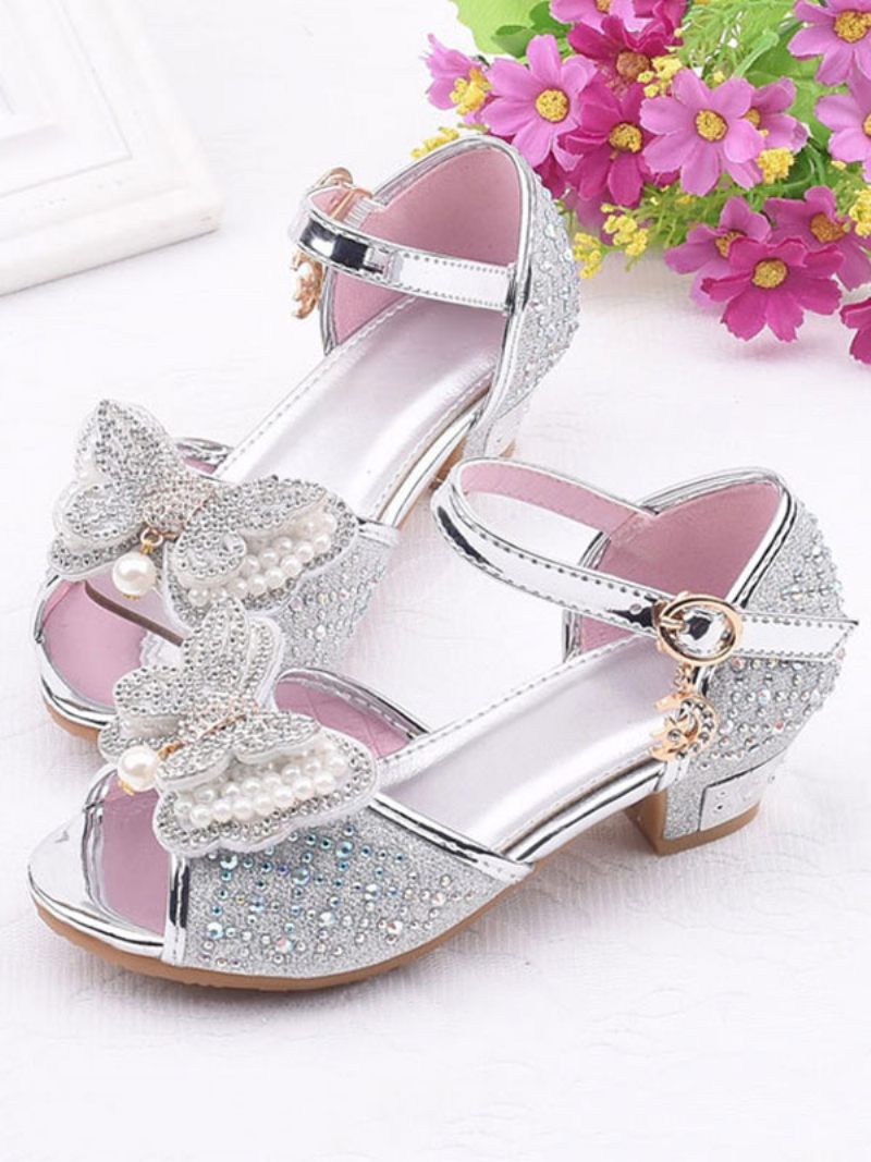 Chaussures Fille Fleur Strass Papillon Mary Jane Sandales À Talons Bas - Argent