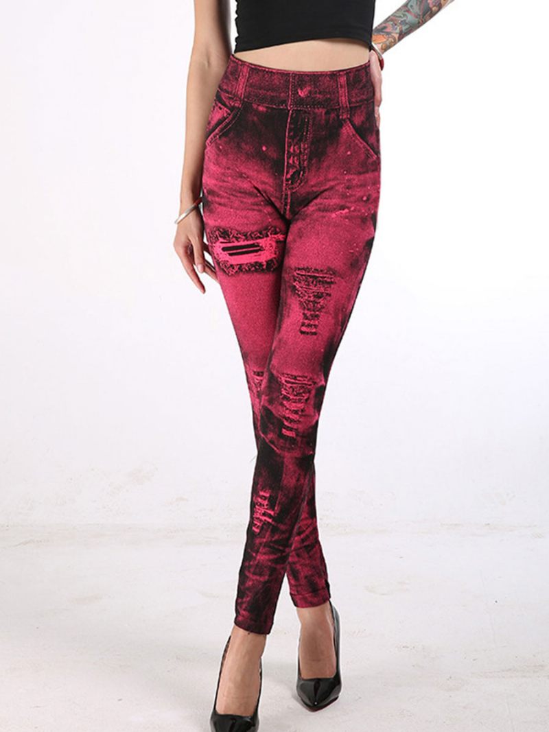 Leggings Taille Haute Jean Extensible Comme Bas Pour Femmes - Rouge