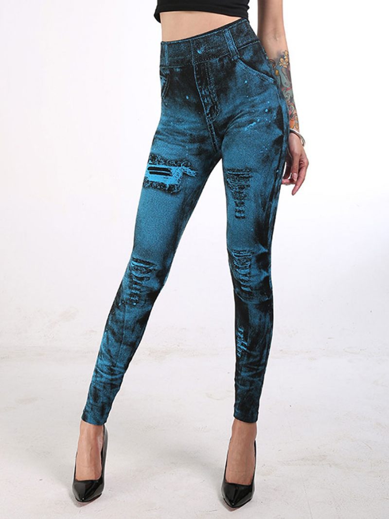 Leggings Taille Haute Jean Extensible Comme Bas Pour Femmes - Bleu Ciel Clair