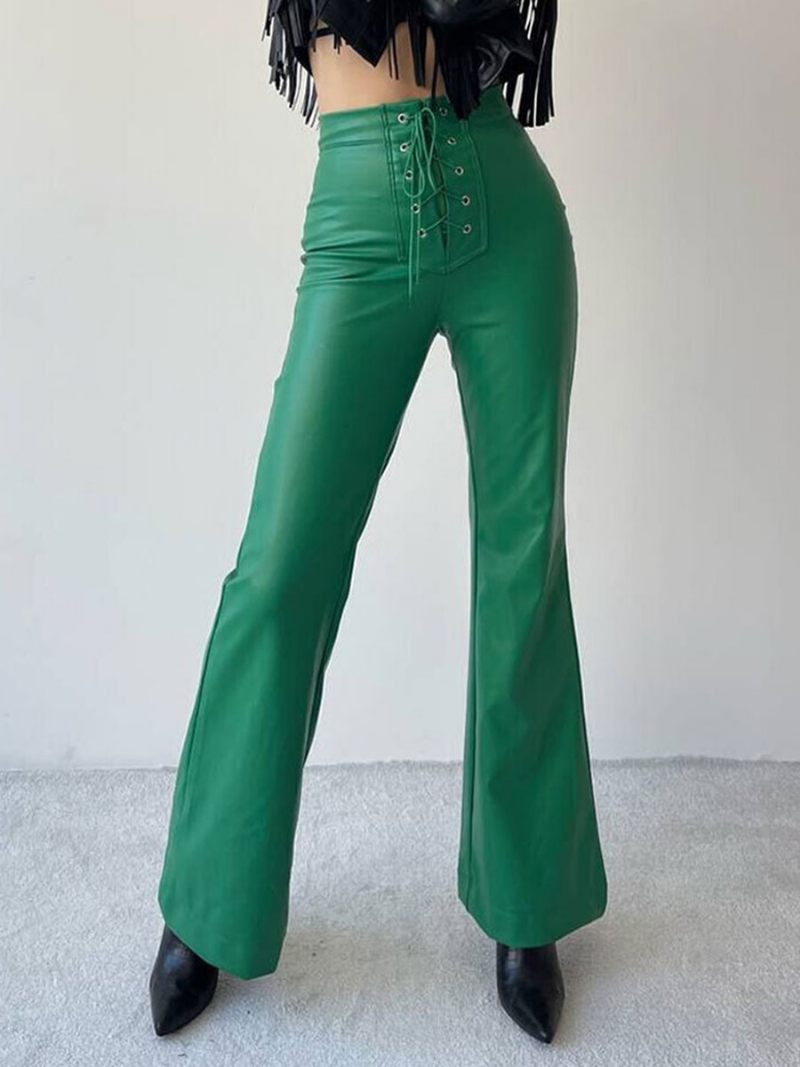 Pantalon Cuir Pu Avec Cordon Serrage Et Taille Surélevée Pour Femme - Vert