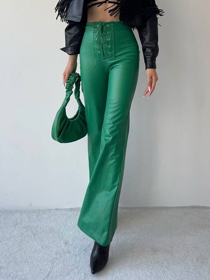 Pantalon Cuir Pu Avec Cordon Serrage Et Taille Surélevée Pour Femme - Vert