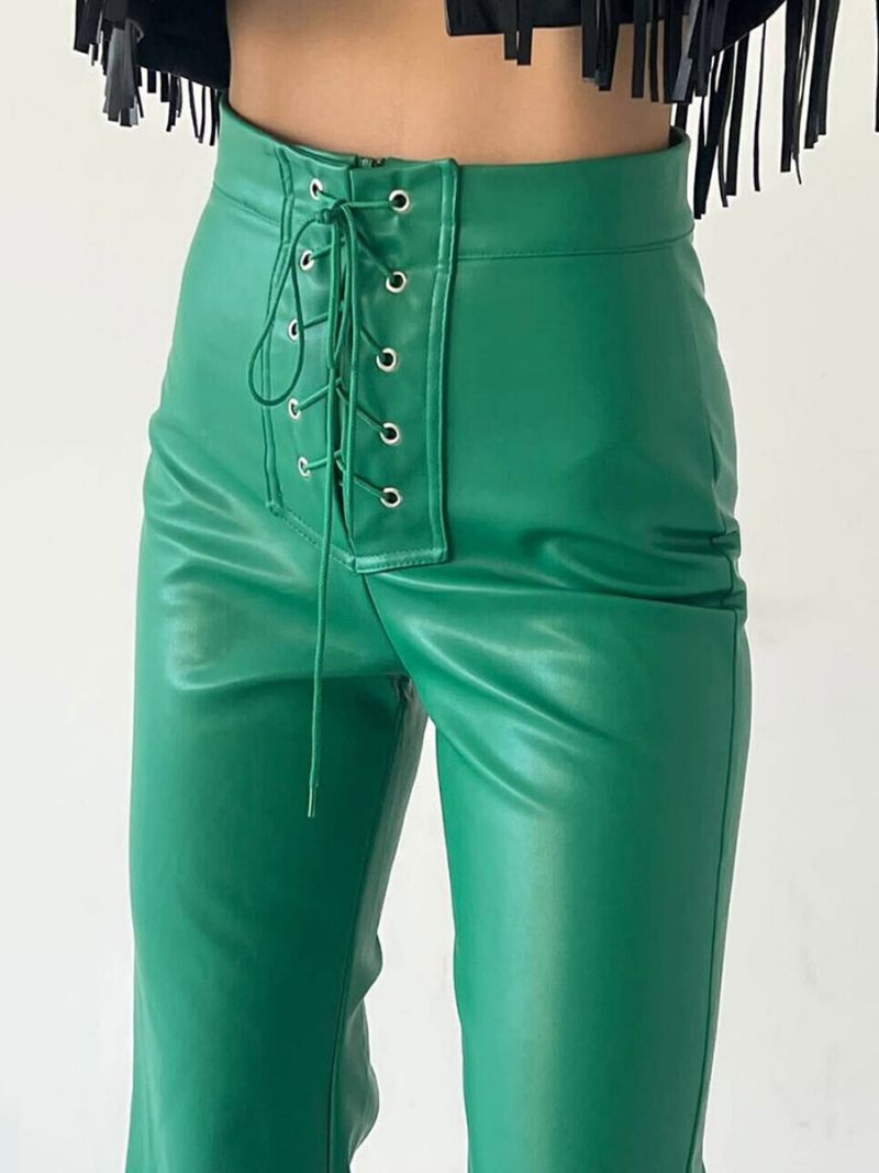 Pantalon Cuir Pu Avec Cordon Serrage Et Taille Surélevée Pour Femme - Vert