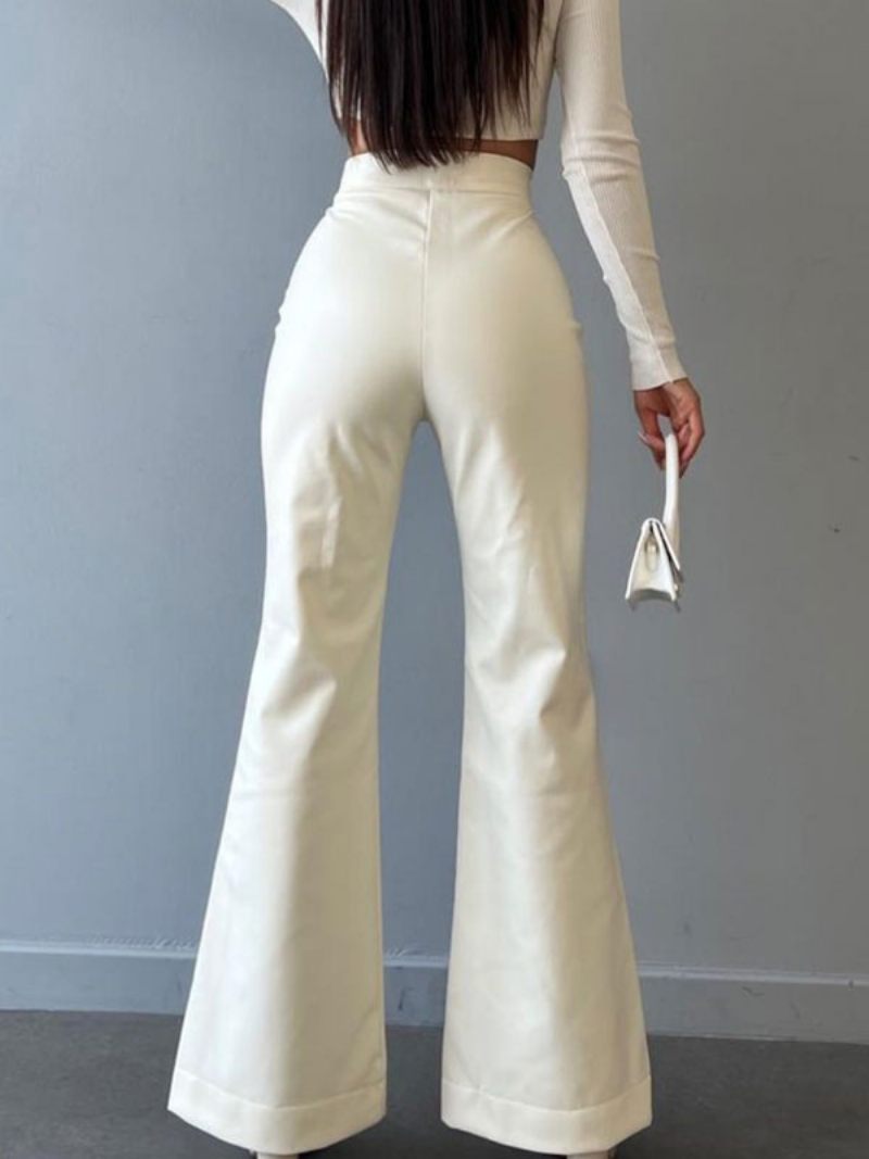 Pantalon Cuir Pu Avec Cordon Serrage Et Taille Surélevée Pour Femme - Blanc