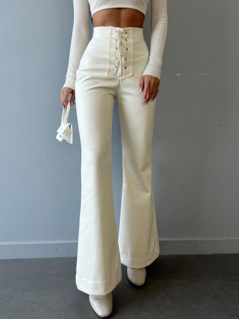 Pantalon Cuir Pu Avec Cordon Serrage Et Taille Surélevée Pour Femme - Blanc