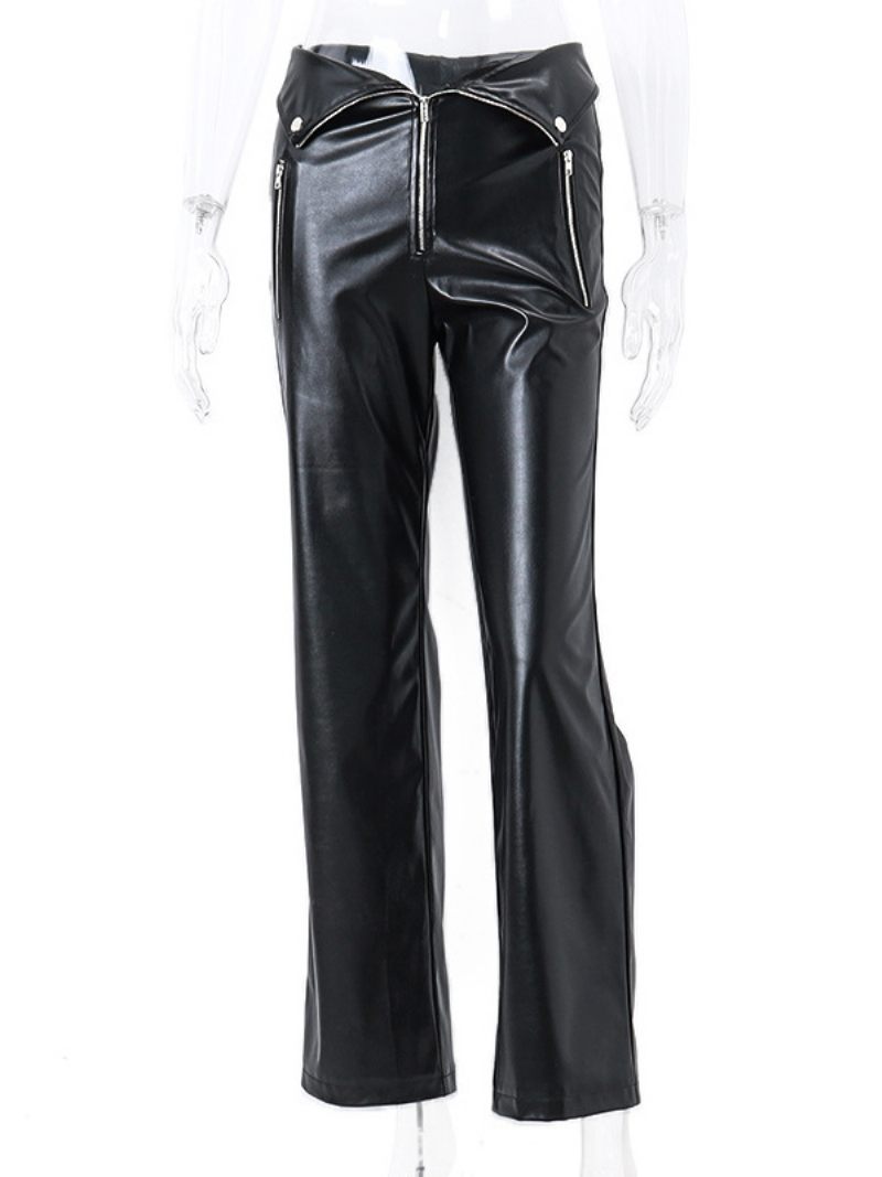 Pantalon Cuir Pu Droit Taille Haute Pour Femme - Noir