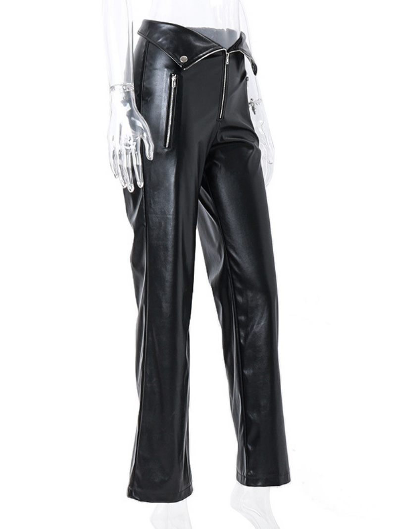 Pantalon Cuir Pu Droit Taille Haute Pour Femme - Noir