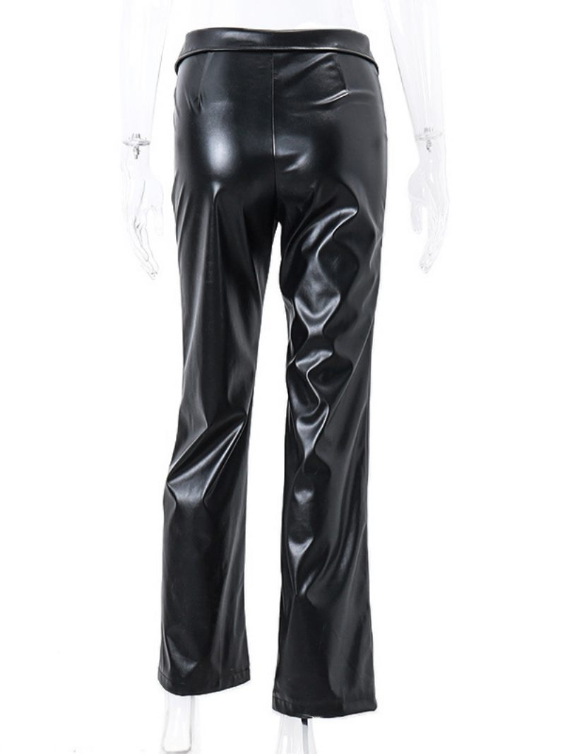 Pantalon Cuir Pu Droit Taille Haute Pour Femme - Noir