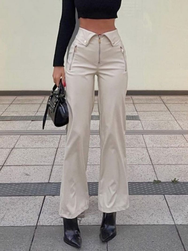 Pantalon Cuir Pu Droit Taille Haute Pour Femme - Blanc