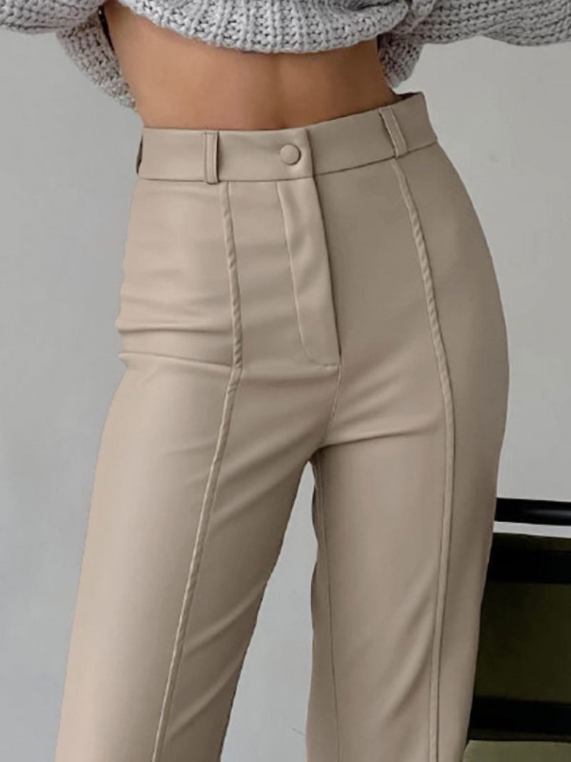 Pantalon Cuir Pu Marron Café Taille Surélevée Fermeture Éclair Pour Femme - Kaki