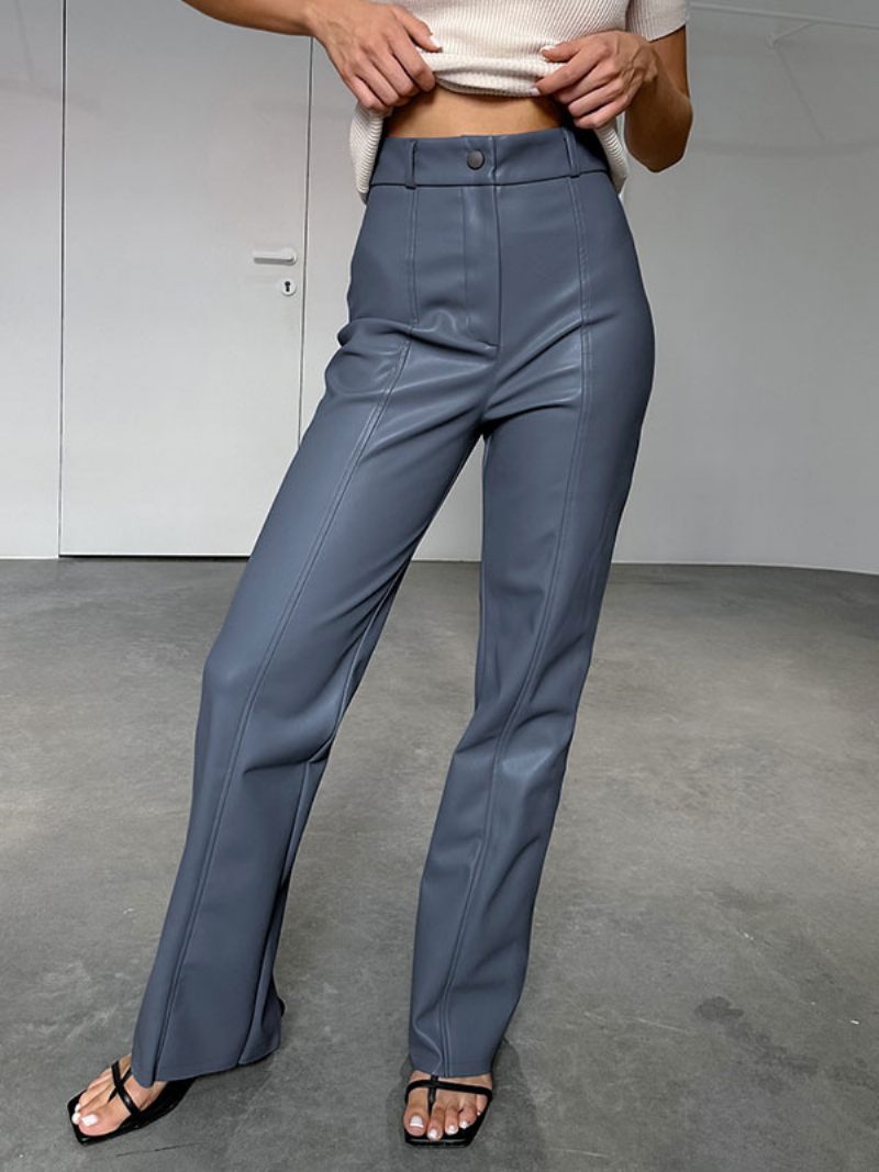 Pantalon Cuir Pu Marron Café Taille Surélevée Fermeture Éclair Pour Femme - Bleu