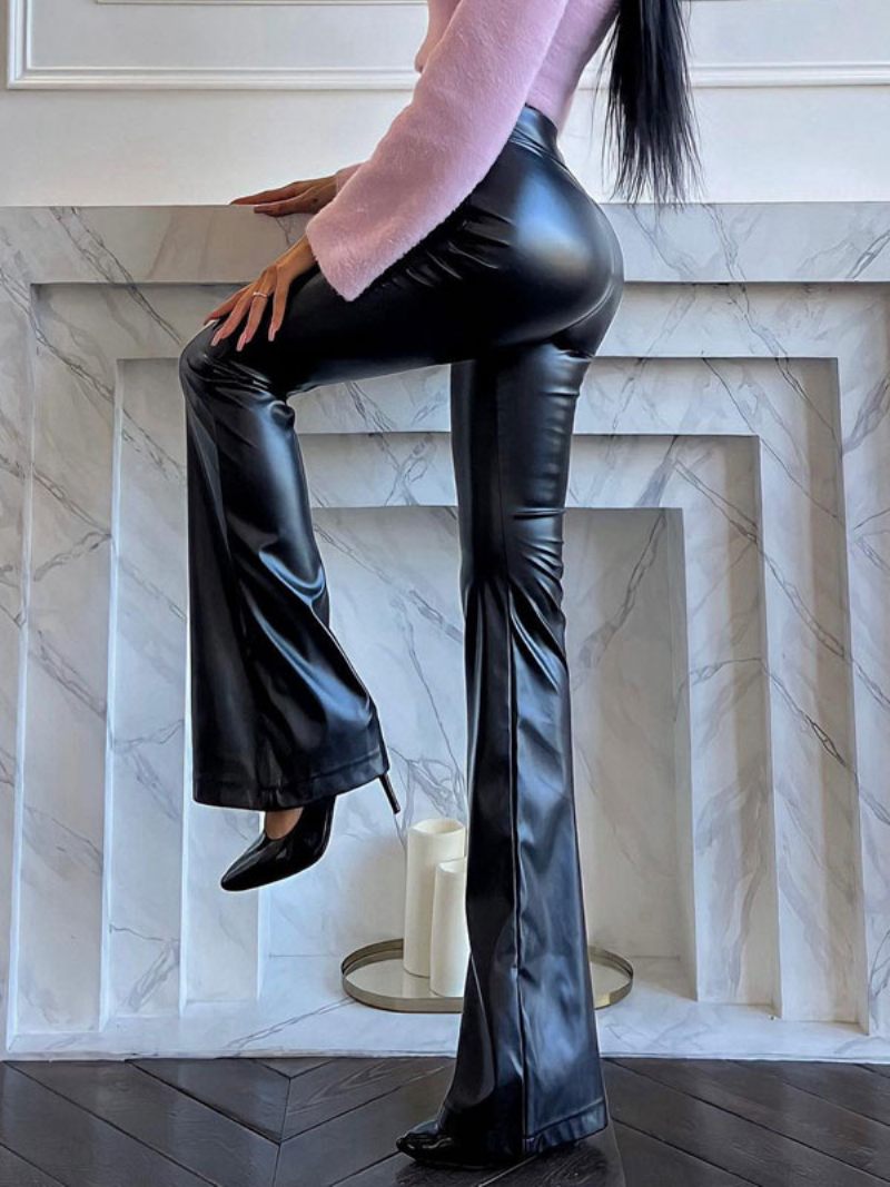 Pantalon Cuir Pu Noir Évasé À Taille Surélevée Pour Femmes - Noir