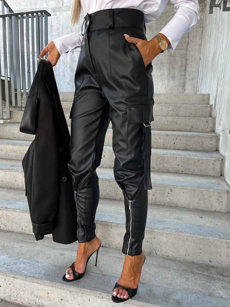 Pantalon Cuir Pu Taille Haute Avec Boutons À Glissière Pour Femmes - Noir