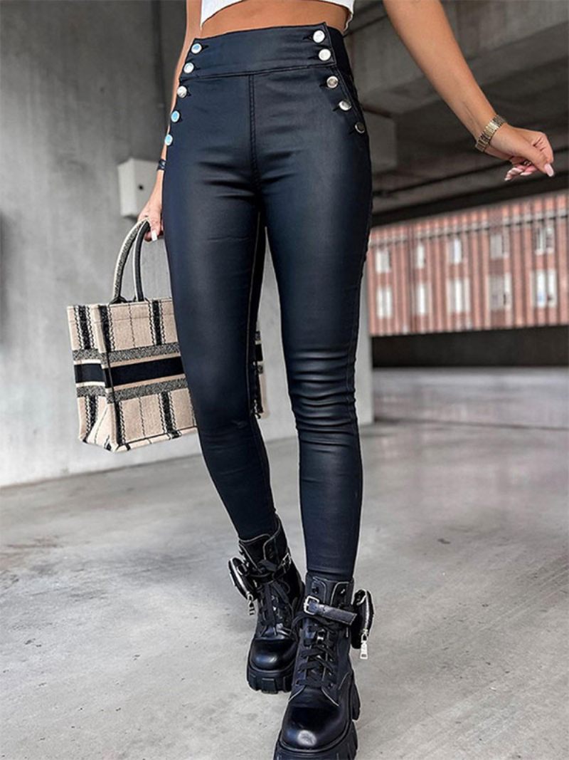 Pantalon Femme Boutons Noirs Taille Haute Cuir Pu