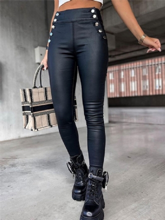 Pantalon Femme Boutons Noirs Taille Haute Cuir Pu