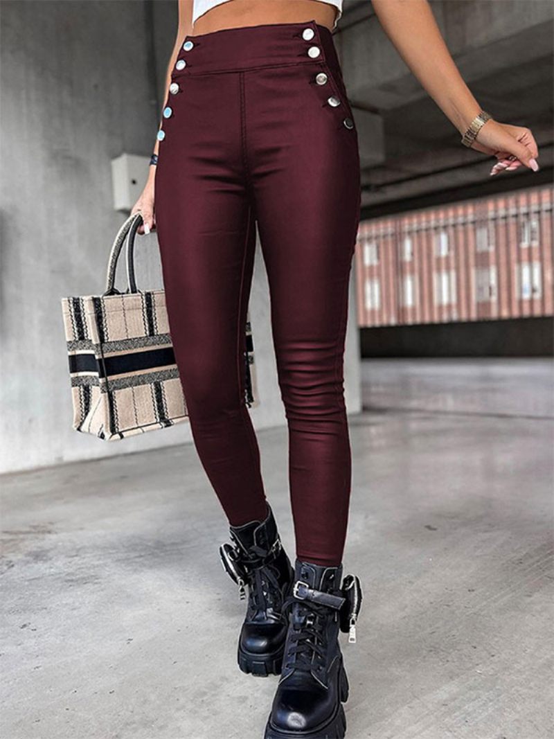 Pantalon Femme Boutons Noirs Taille Haute Cuir Pu - Bordeaux