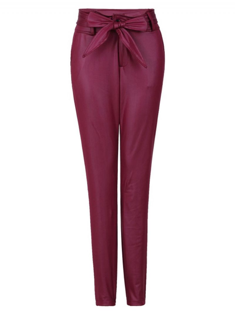 Pantalon Pour Femme Cuir Pu Bordeaux Coupe Effilée Couleur Unie Taille - Bourgogne