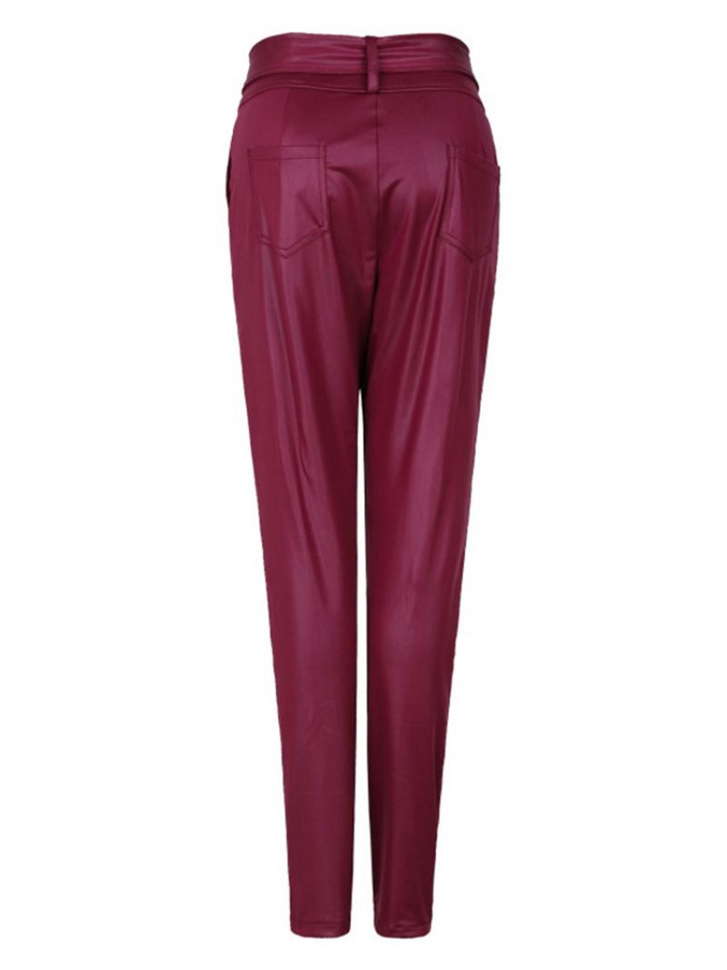 Pantalon Pour Femme Cuir Pu Bordeaux Coupe Effilée Couleur Unie Taille - Bourgogne