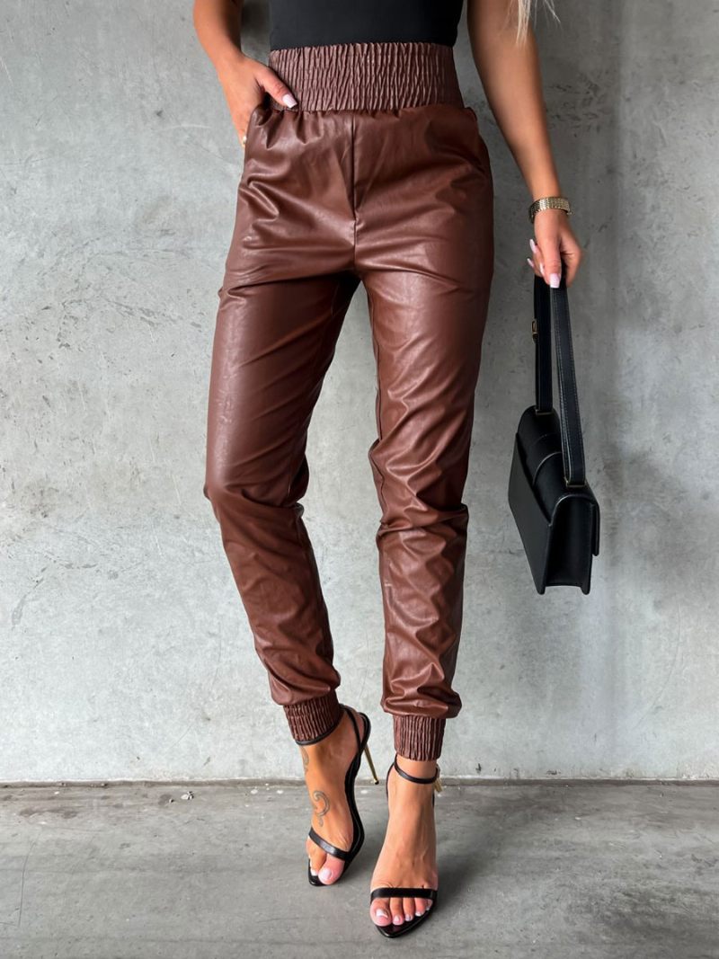 Pantalon Femme Cuir Pu Noir - Marron Foncé