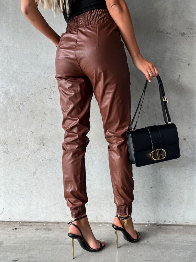 Pantalon Femme Cuir Pu Noir - Marron Foncé