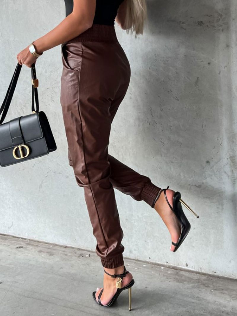 Pantalon Femme Cuir Pu Noir - Marron Foncé