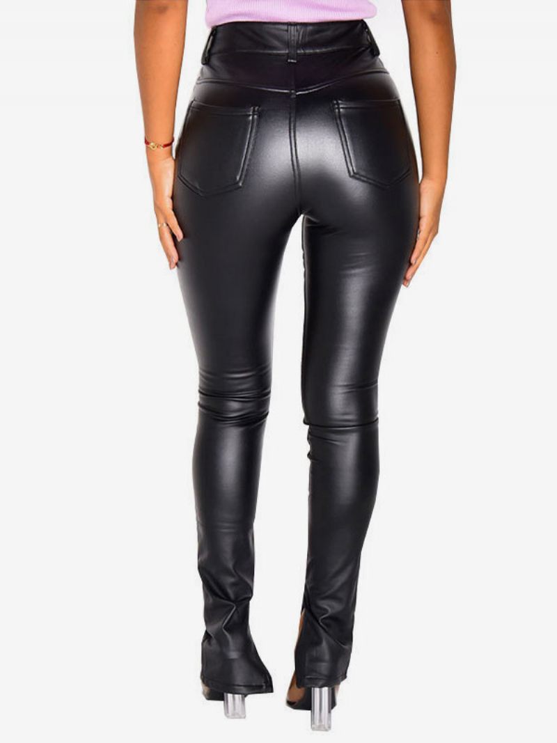 Pantalon Femme Noir Fermeture Éclair Cuir Pu Taille Basse Fendu - Noir