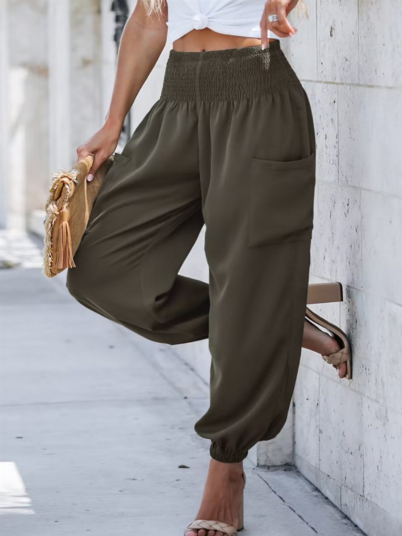 Pantalon Jogging Smocké Pour Femmes Taille Haute Patch Latéral Saisons Décontracté - Marron Café