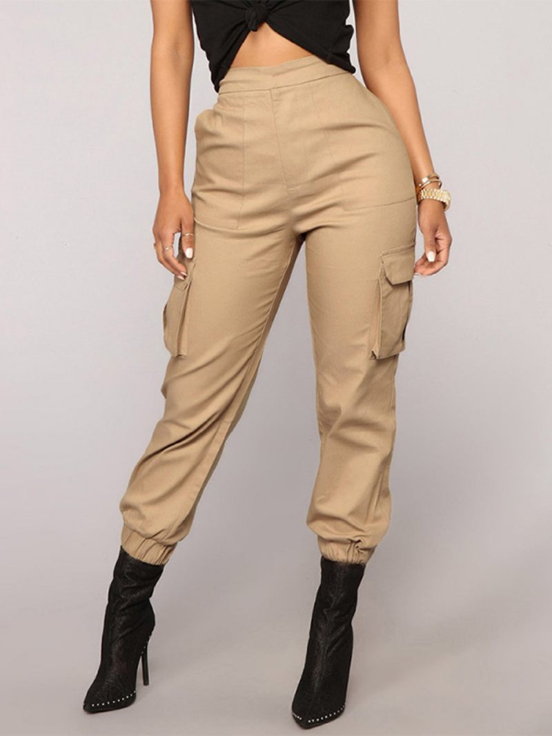 Pantalon Kaki Pour Femmes Poches À Taille Surélevée Braguette Fermeture Éclair