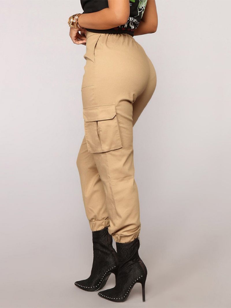 Pantalon Kaki Pour Femmes Poches À Taille Surélevée Braguette Fermeture Éclair - Kaki