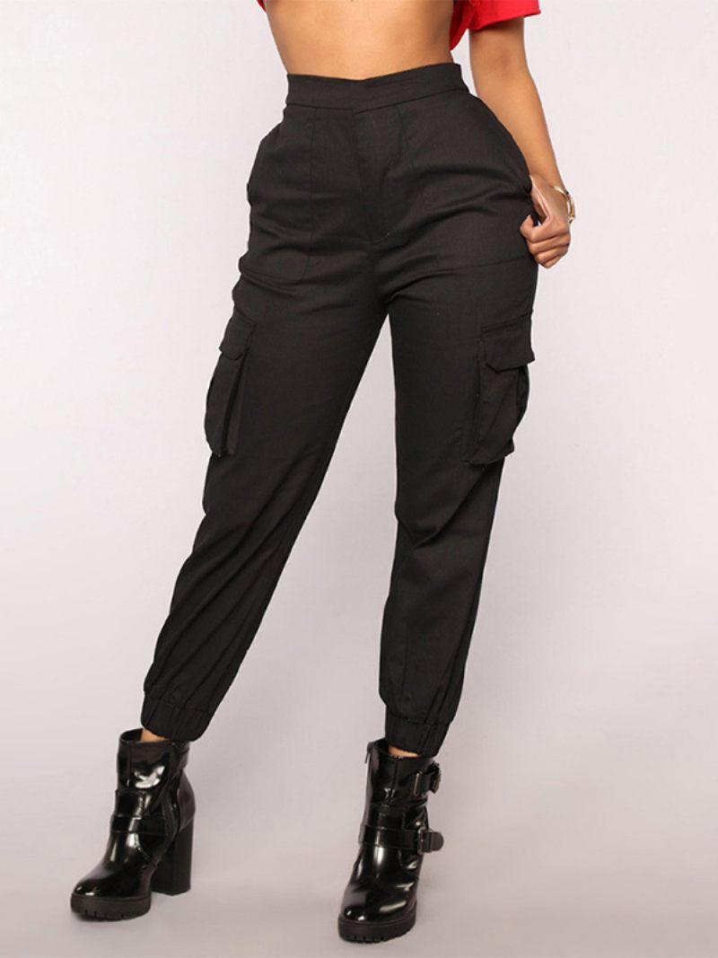 Pantalon Kaki Pour Femmes Poches À Taille Surélevée Braguette Fermeture Éclair - Noir