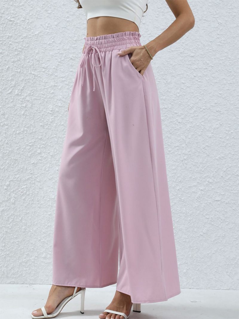 Pantalon Large Pour Femme Taille Haute Poches À Lacets Couleur Unie - Rose