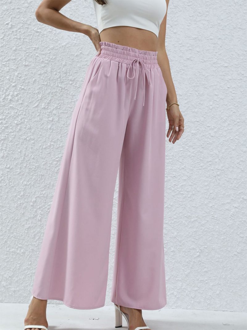 Pantalon Large Pour Femme Taille Haute Poches À Lacets Couleur Unie - Rose