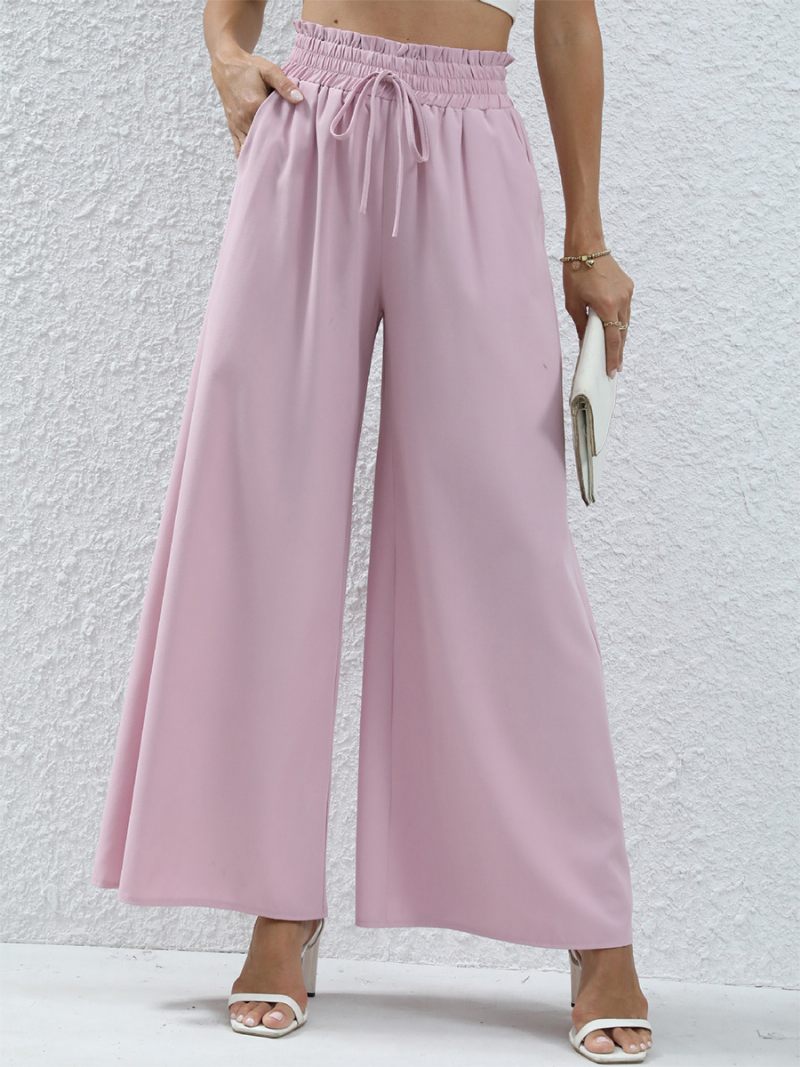 Pantalon Large Pour Femme Taille Haute Poches À Lacets Couleur Unie - Rose