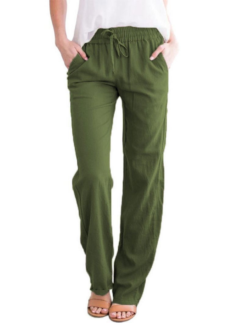 Pantalon Lin Pour Femmes Taille Élastique Poches À Lacets Ample Décontracté Été - Vert