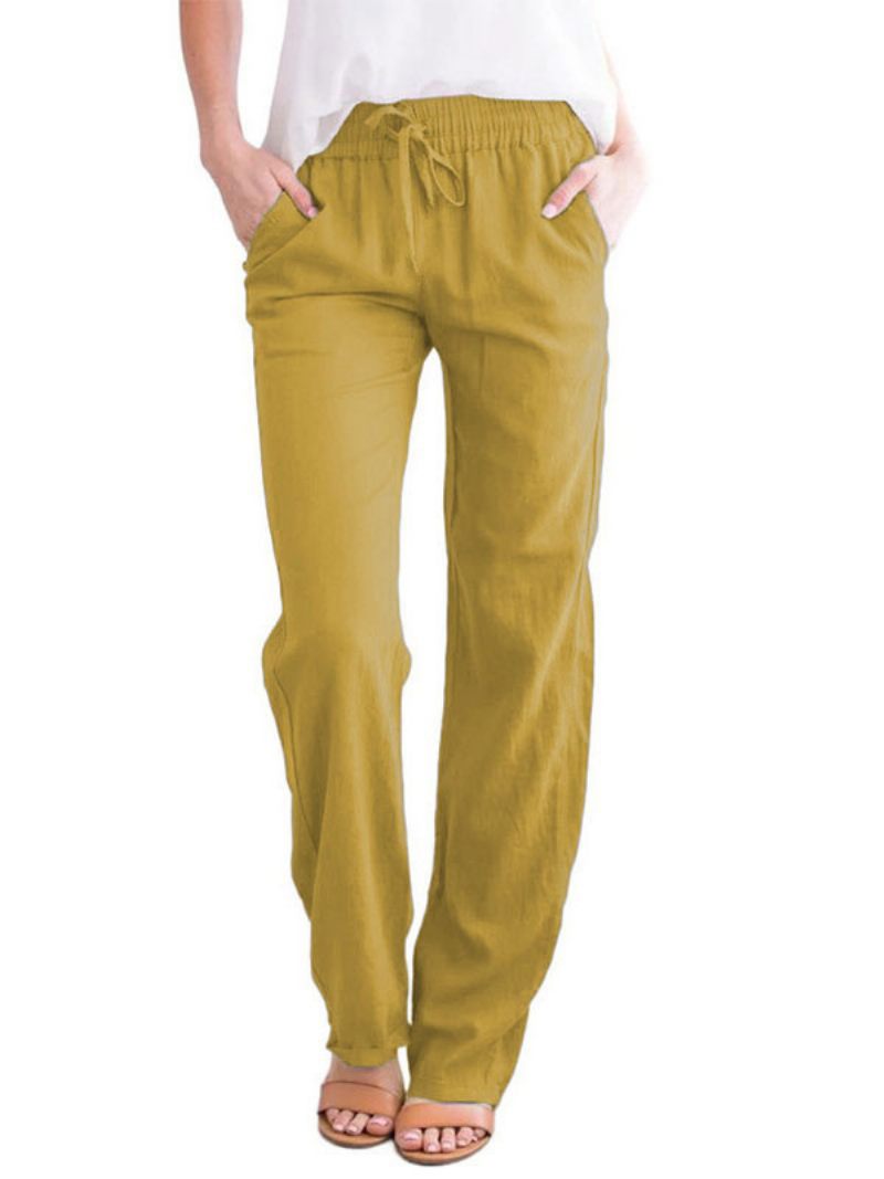 Pantalon Lin Pour Femmes Taille Élastique Poches À Lacets Ample Décontracté Été - Jaune